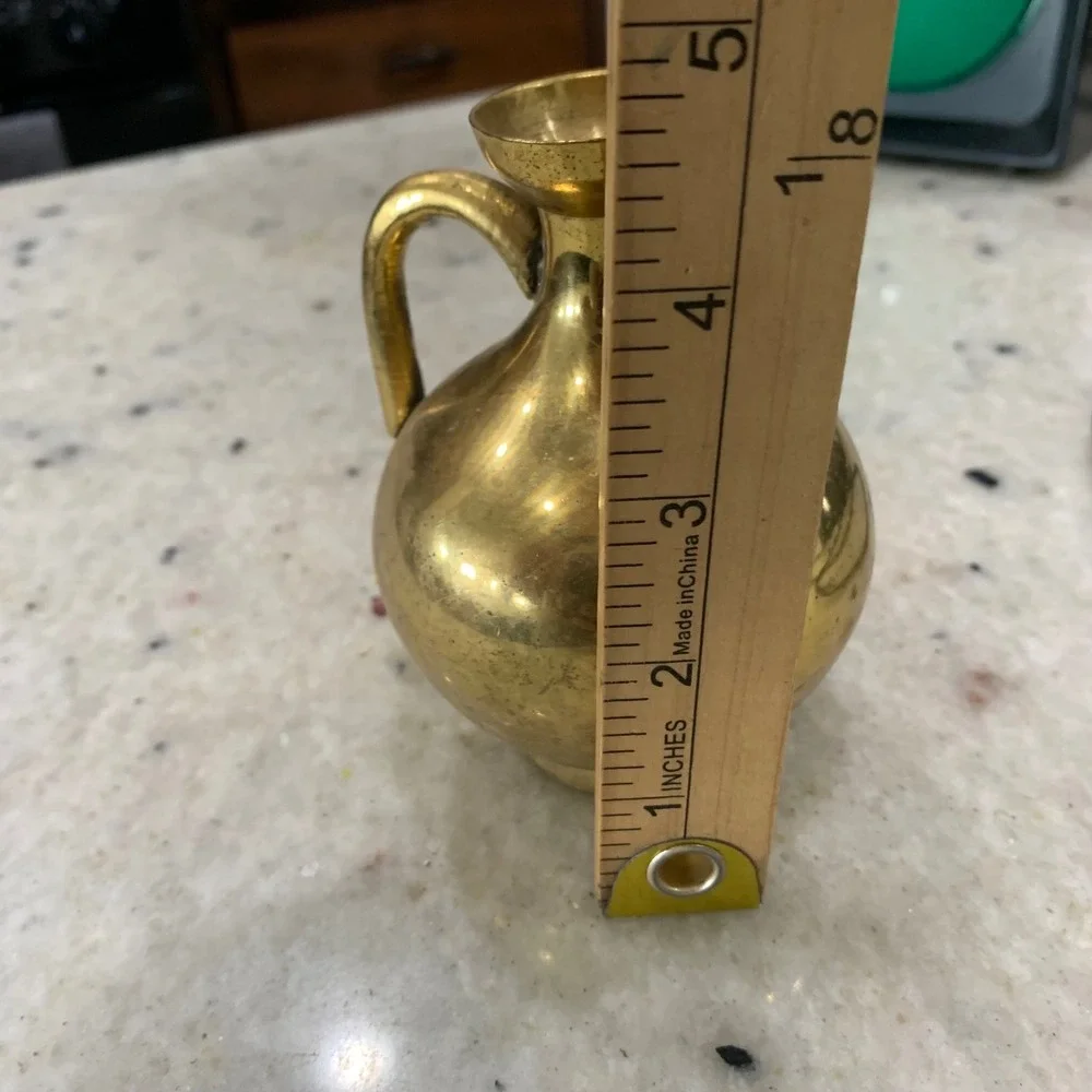 Vintage Brass Bud Vase Small Round Pitcher Handle Gold Decor Made in India 4.5in
